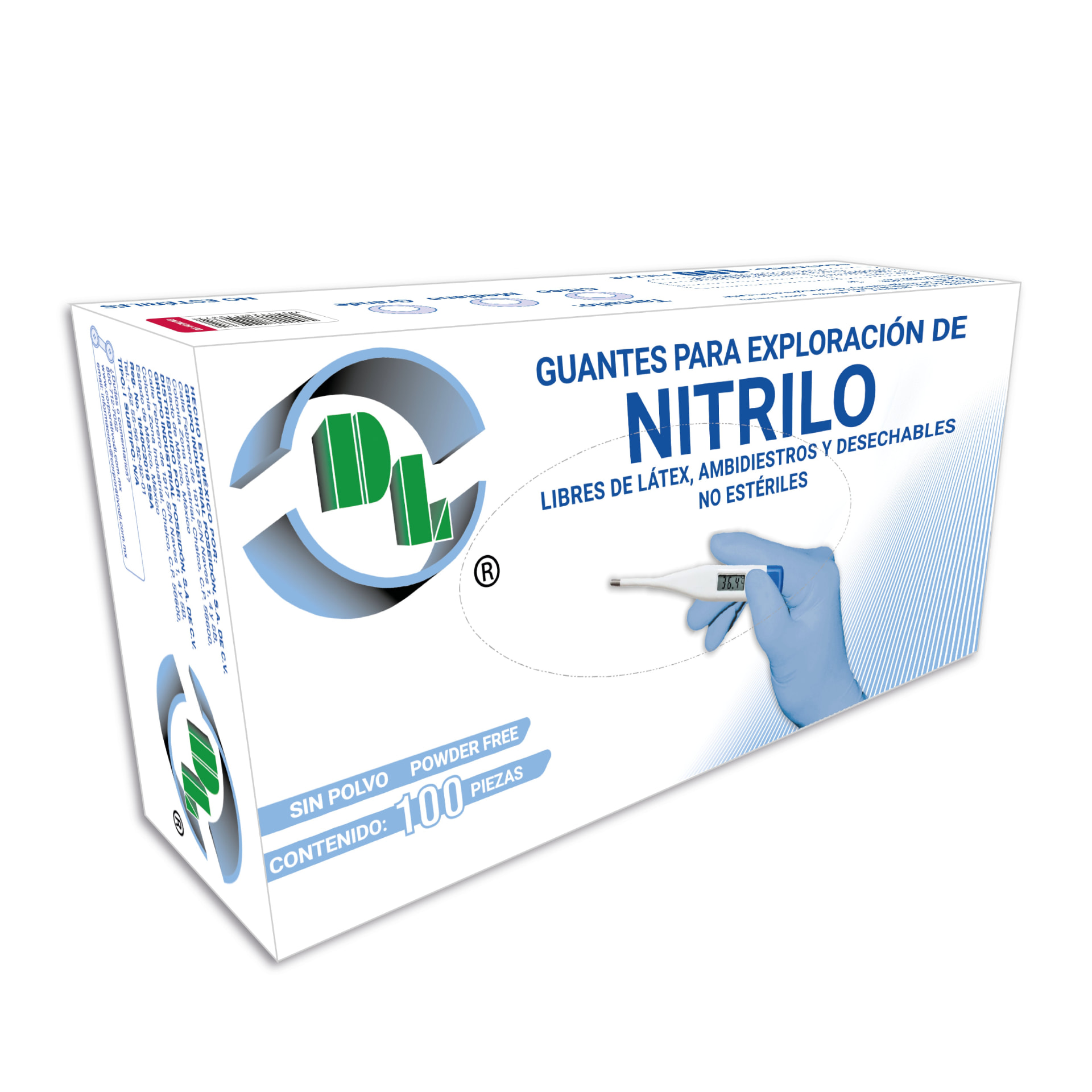 Caja de 100 piezas de guantes para exploración de nitrilo DL, sin polvo y libres de látex